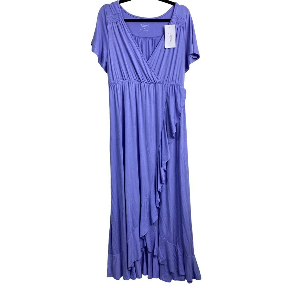 NEW Isabel Maternity Midi Dress Size Medium Purple faux Wrap Stretch V-Neck Boho
